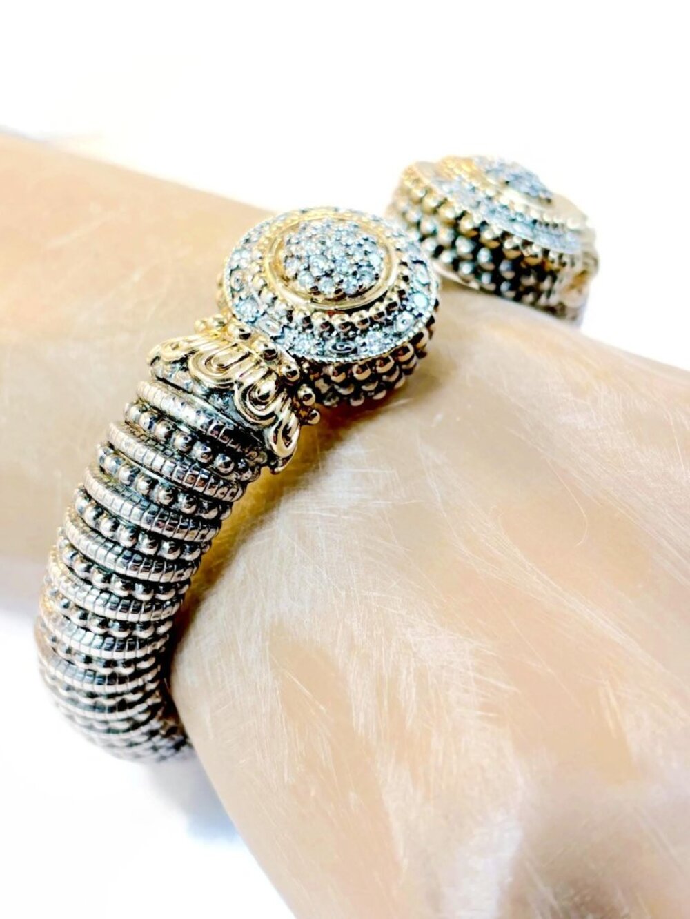 Alwand Vahan Bracelet, RARE Sterling Silver, Diamond, Gold, 12 mm, Flexible Cuff